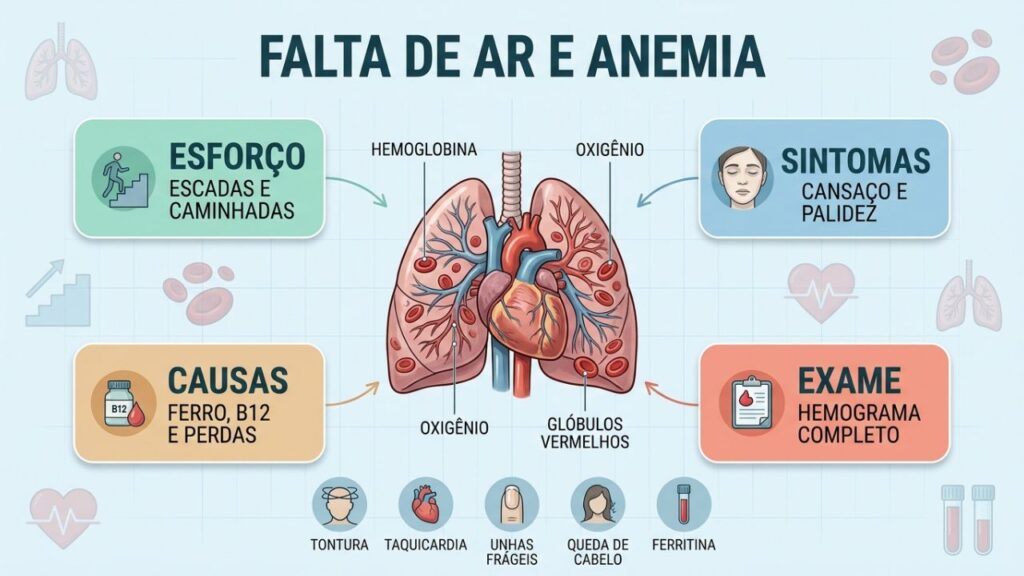 Hemoglobina, sintomas e hemograma explicam a falta de ar na anemia.
