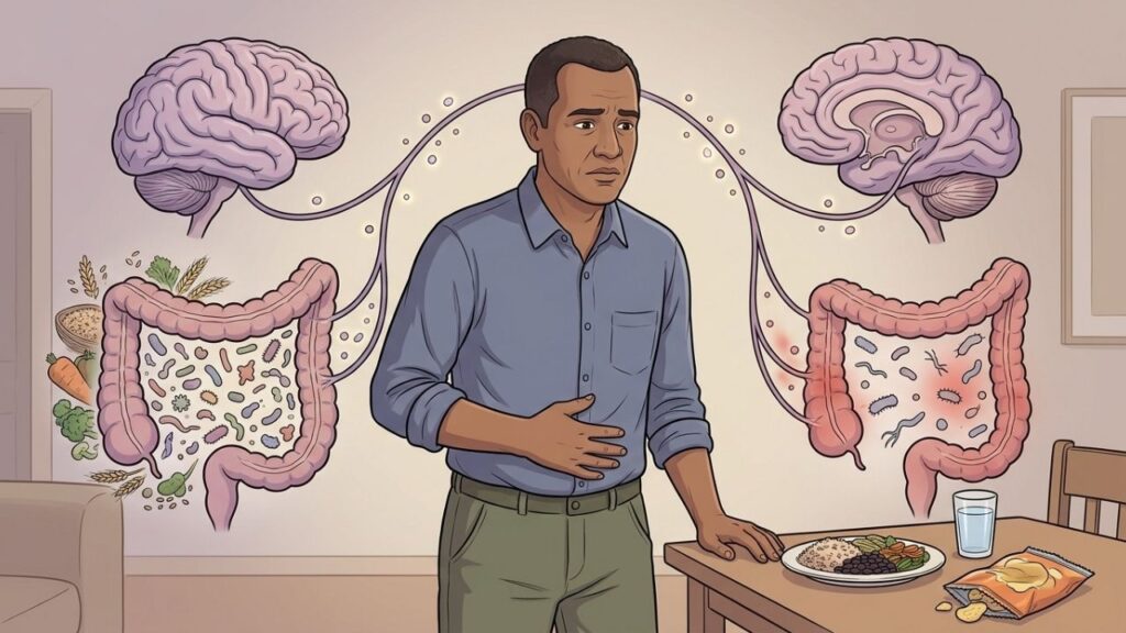 Desequilíbrio da microbiota pode intensificar sintomas ansiosos e alterações persistentes de humor.