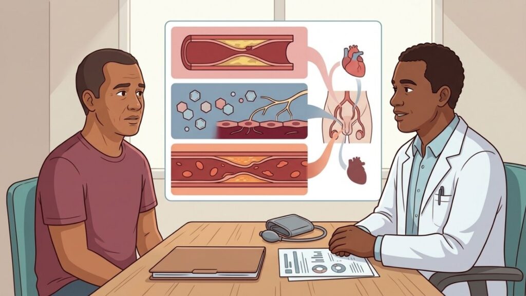 Diabetes, hipertensão e aterosclerose podem comprometer o fluxo sanguíneo peniano.