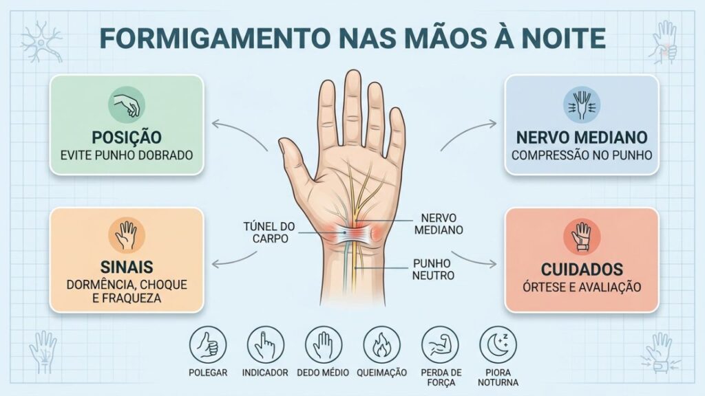 Infográfico resume causas, alertas e cuidados para formigamento noturno nas mãos.