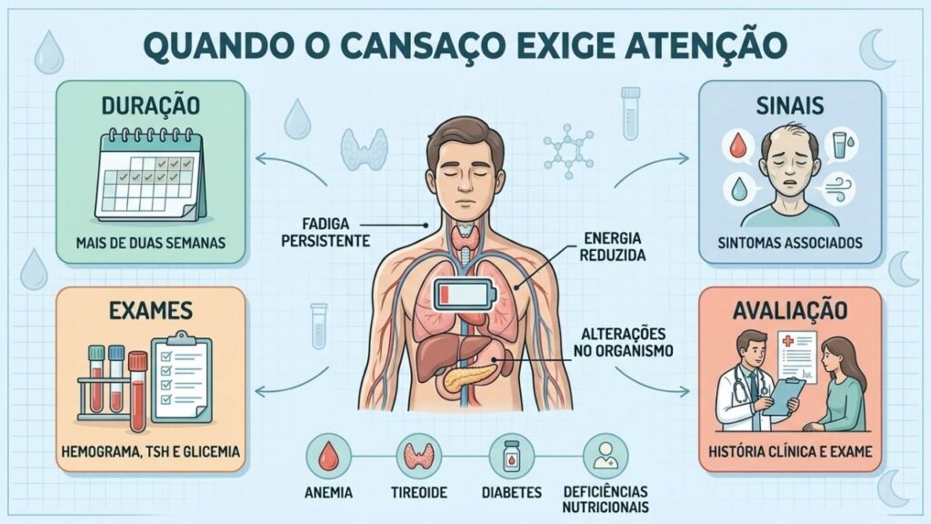 Duração, sinais, exames e avaliação orientam a investigação do cansaço persistente.