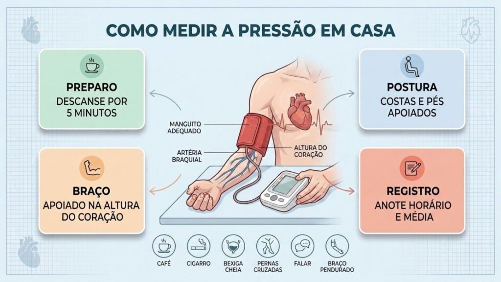 Infográfico resume preparo, postura, aparelho e registro da pressão arterial.