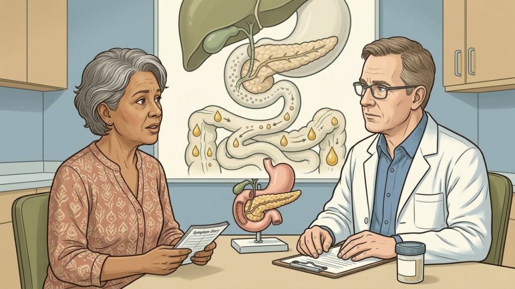 A falta de lipase pancreática favorece a eliminação de gordura nas fezes.