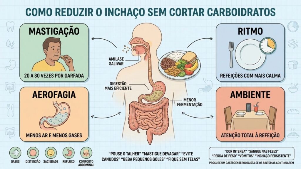 O ritmo da refeição influencia gases, saciedade e sensação de barriga estufada.