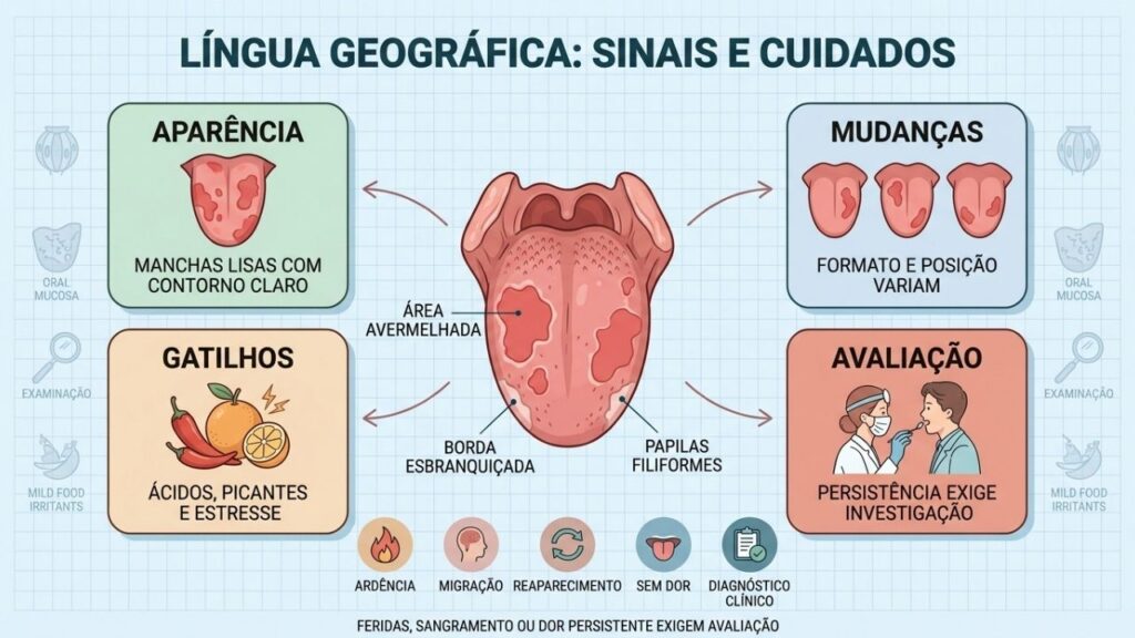Aparência, mudanças, gatilhos e sinais de alerta da língua geográfica.