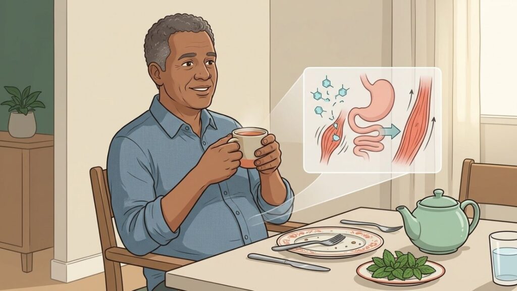 O mentol ajuda a relaxar o intestino e reduzir desconfortos digestivos leves.