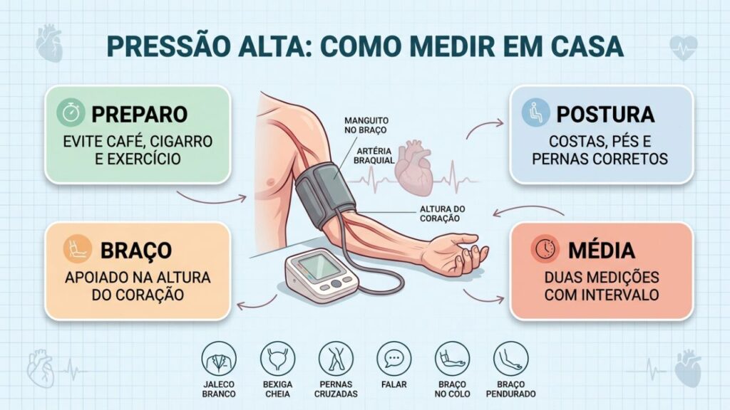 Infográfico mostra preparo, postura, braço apoiado e média das medições.