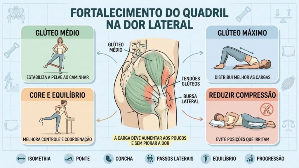 Glúteos, core, equilíbrio e redução de compressão orientam o fortalecimento seguro.