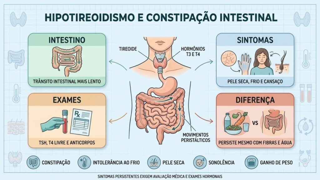 Intestino lento, sintomas associados e exames importantes na suspeita de hipotireoidismo.