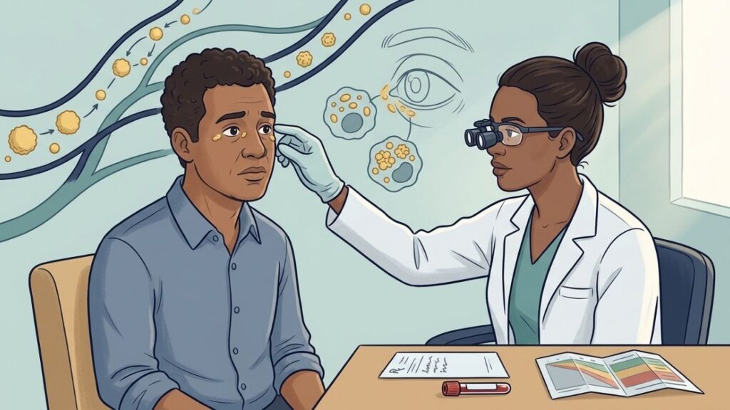 Xantelasma em adultos jovens merece investigação de colesterol e risco cardiovascular.