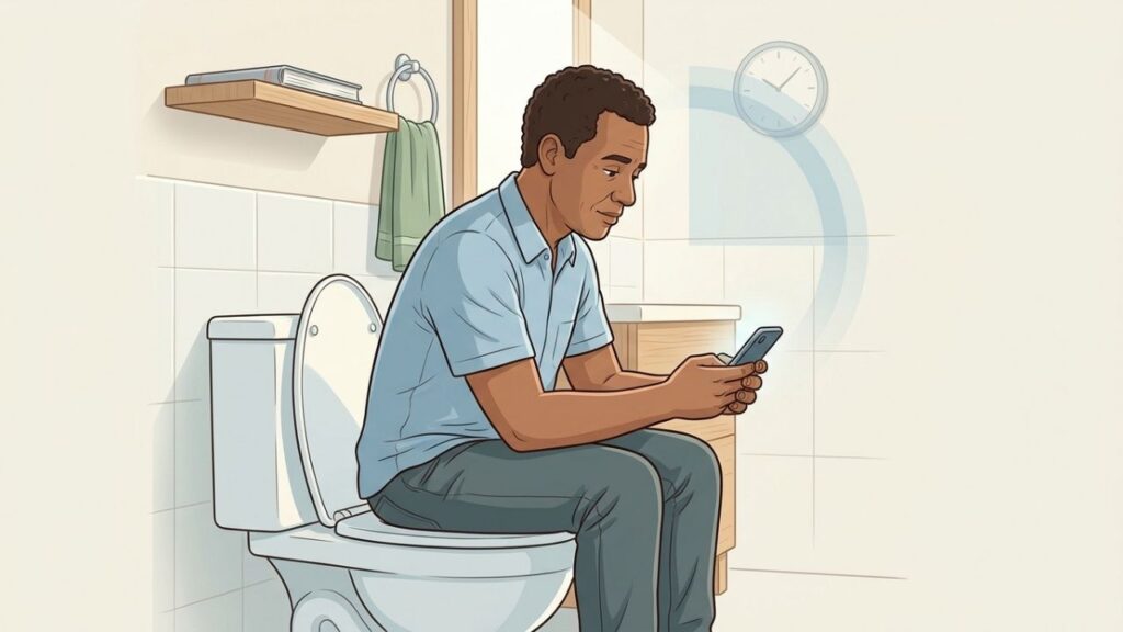 Deixar o celular fora do banheiro ajuda a evitar permanência prolongada.
