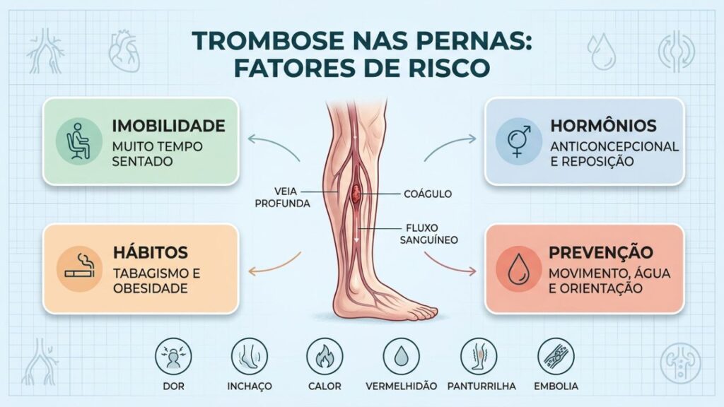 Infográfico mostra fatores, sinais e prevenção da trombose nas pernas.