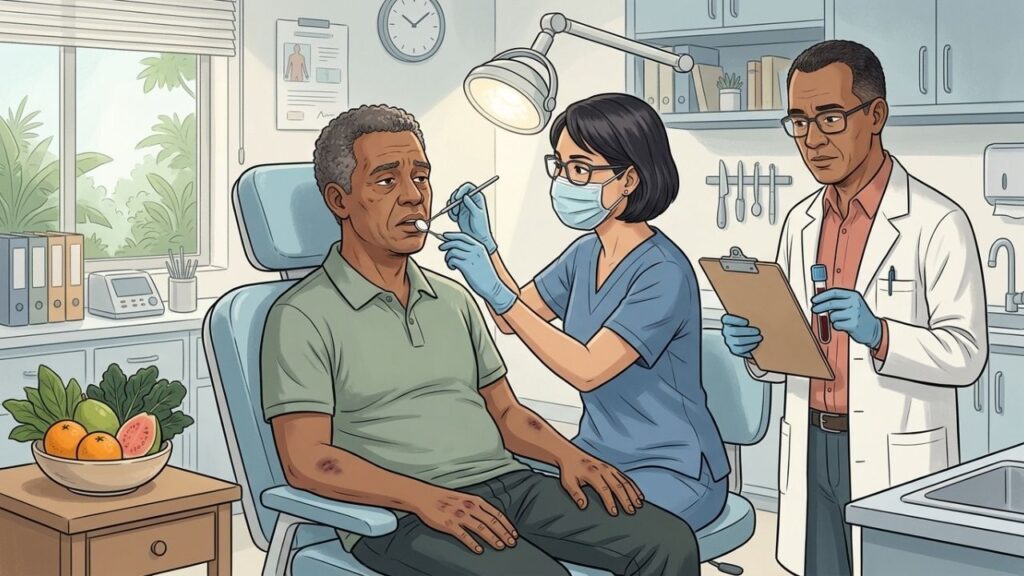 Hematomas, fadiga e gengiva sangrando exigem avaliação nutricional, médica e odontológica.