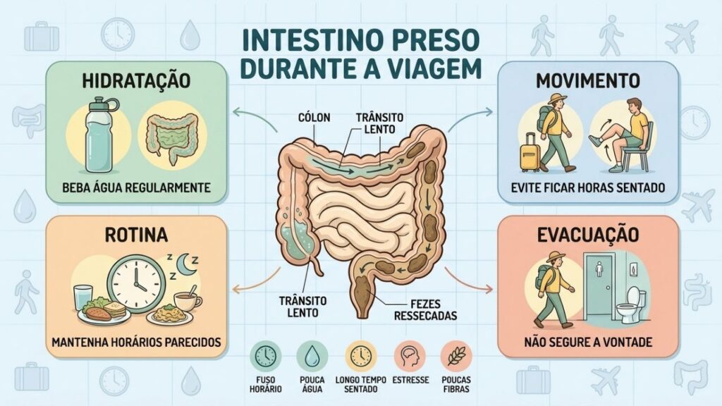 Água, movimento, rotina e evacuação regular ajudam o intestino durante viagens.
