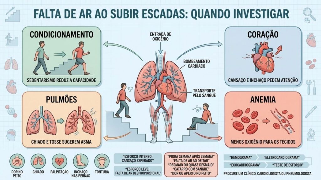 Condicionamento, coração, pulmões e anemia orientam a investigação da falta de ar.