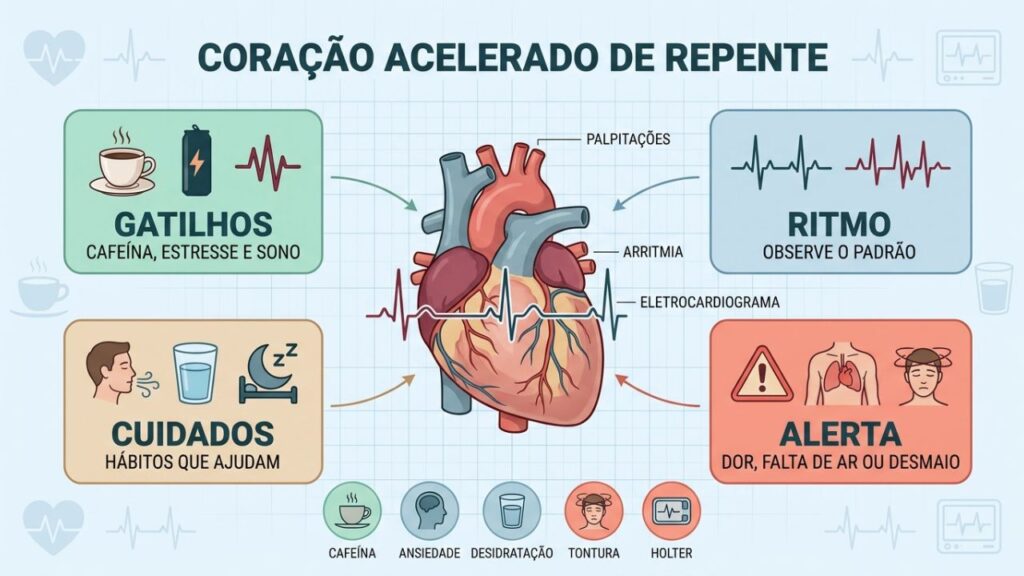 Gatilhos, ritmo, cuidados e sinais de alerta orientam a avaliação cardíaca.