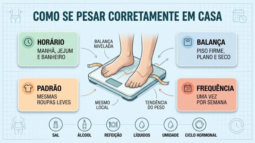 Infográfico resume horário, local, padrão e frequência para pesar-se corretamente.