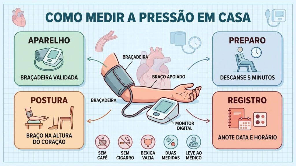 Aparelho adequado, preparo, postura e registro tornam a medição mais confiável.