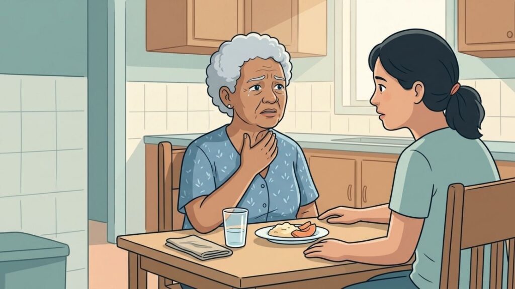 Tosse após líquidos pode sinalizar alimento entrando nas vias respiratórias.