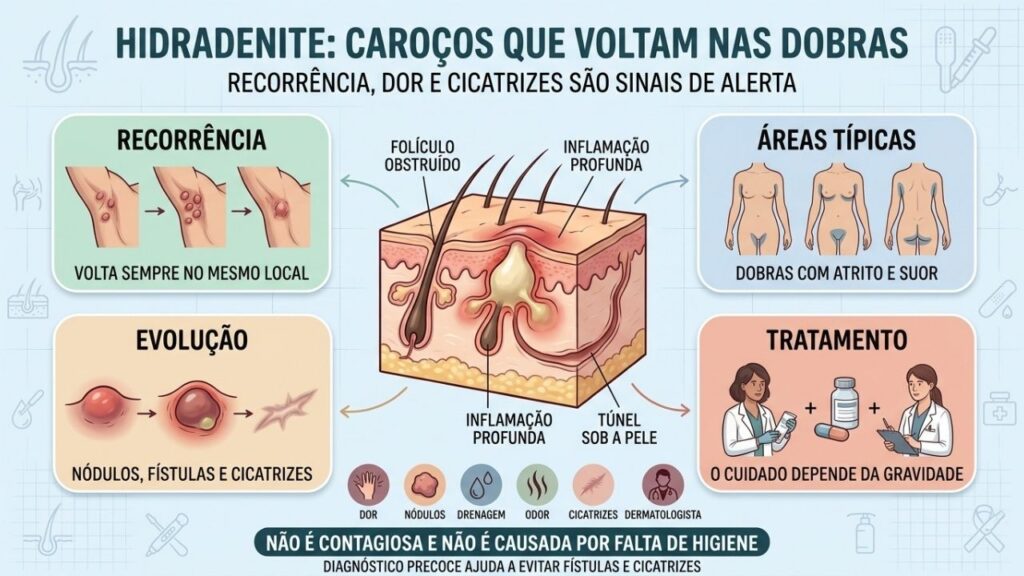 Recorrência, áreas típicas, evolução e tratamento ajudam a reconhecer a hidradenite.
