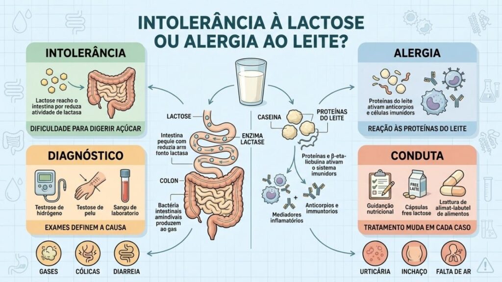 Causa, sintomas, exames e tratamento diferenciam intolerância à lactose e alergia.