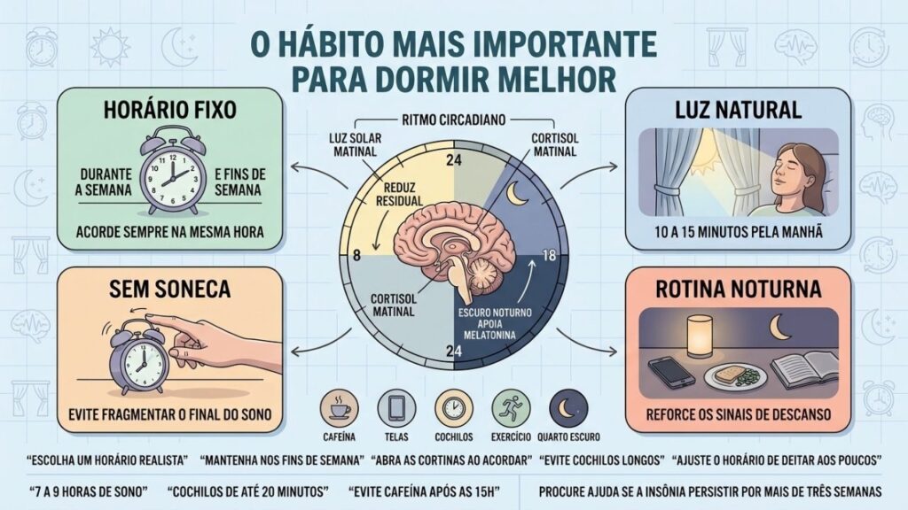 Horário fixo, luz matinal, menos soneca e rotina noturna regulam o sono.
