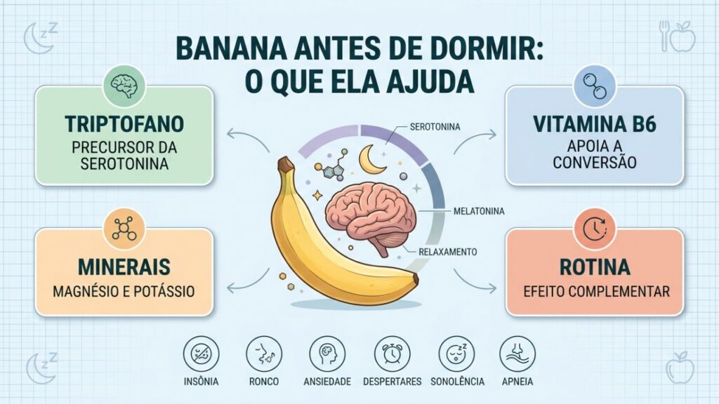 Infográfico explica nutrientes da banana e limites no cuidado com o sono.