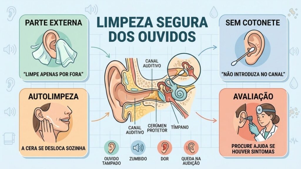 Autolimpeza, higiene externa e avaliação profissional protegem o canal auditivo.