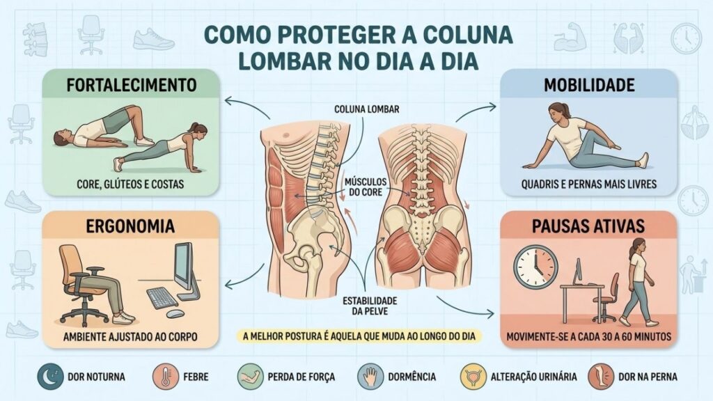 Fortalecimento, mobilidade, ergonomia e pausas ativas protegem a coluna lombar.