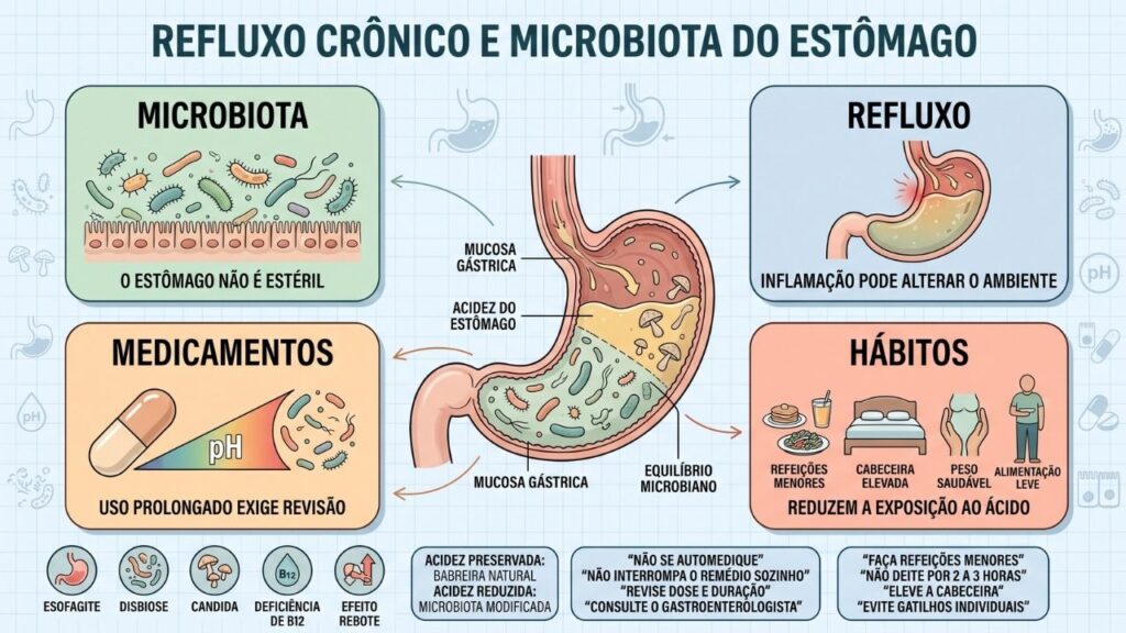 Microbiota, refluxo, medicamentos e hábitos moldam o ambiente gástrico ao longo do tempo.
