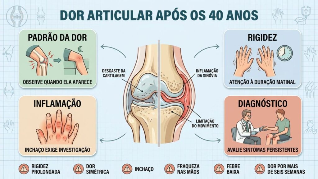 Padrão da dor, rigidez, inflamação e diagnóstico orientam a investigação articular.