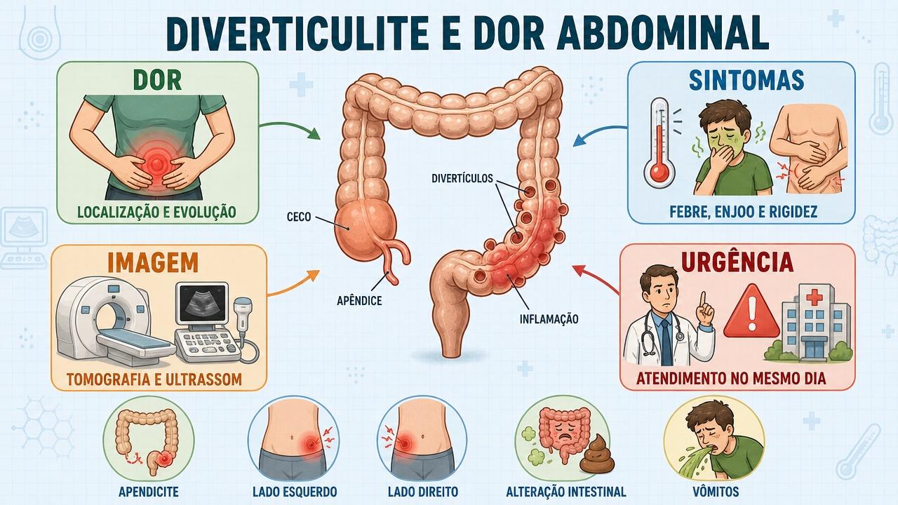 Dor, sintomas, imagem e urgência ajudam a diferenciar diverticulite e apendicite.