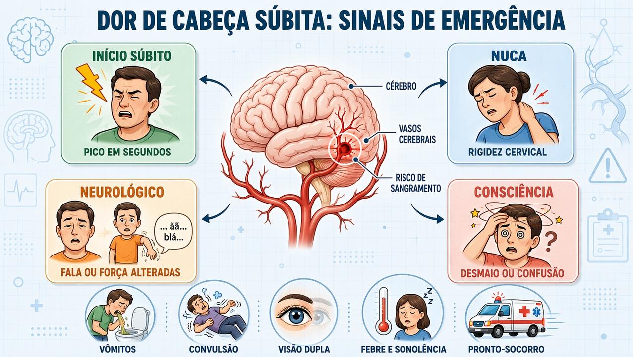 Os principais sinais de alerta incluem início súbito, rigidez, déficits neurológicos e confusão.