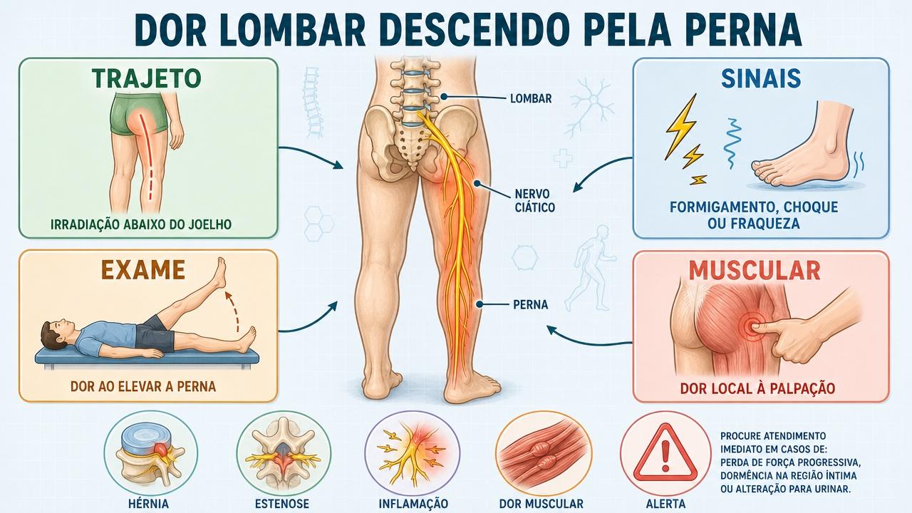 Trajeto, sinais, exame e palpação ajudam a diferenciar ciática de dor muscular.