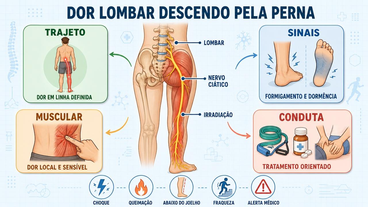Infográfico resume sinais, trajeto, origem muscular e conduta na dor lombar irradiada.