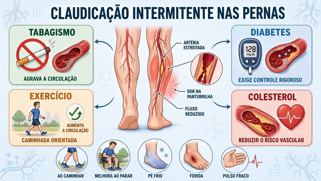 Infográfico resume fatores de risco, sinais e cuidados na claudicação intermitente.