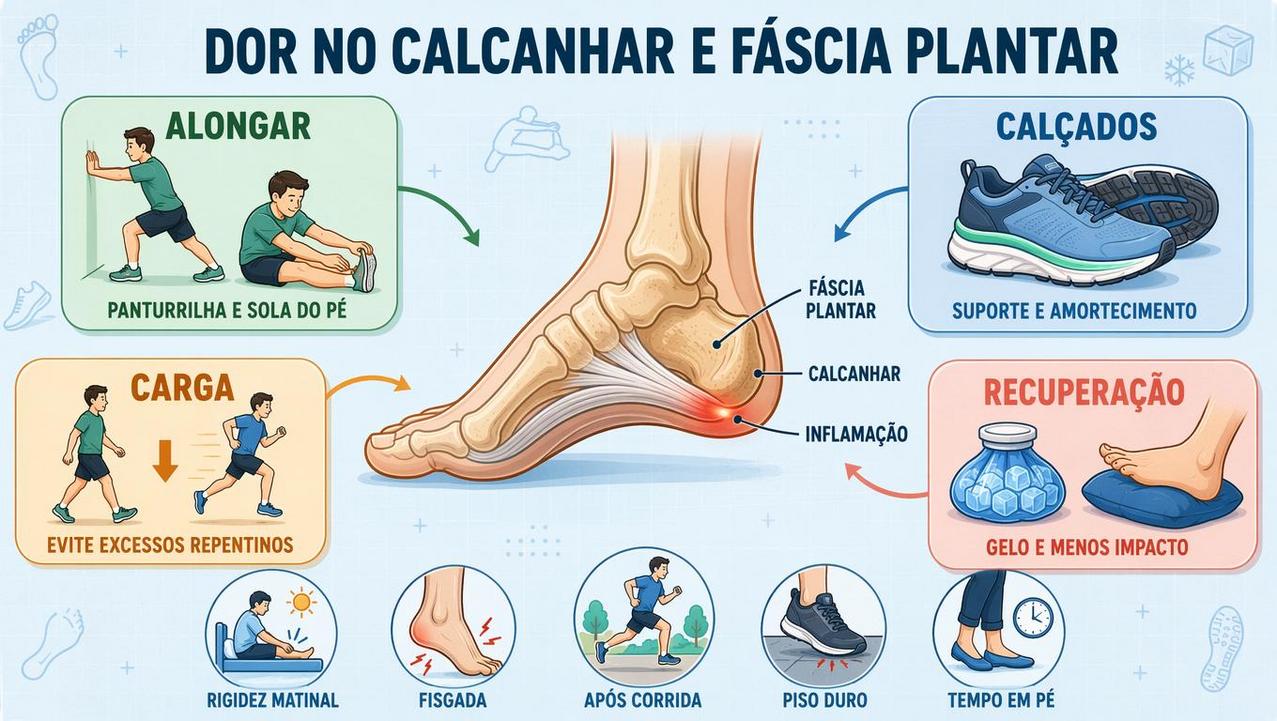 Alongamento, calçado, controle de carga e recuperação ajudam na fascite plantar.
