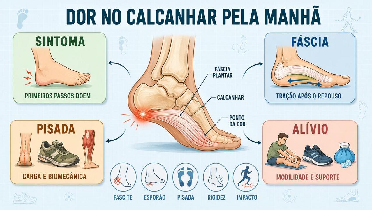 Infográfico resume sintomas, fáscia plantar, pisada e medidas de alívio.