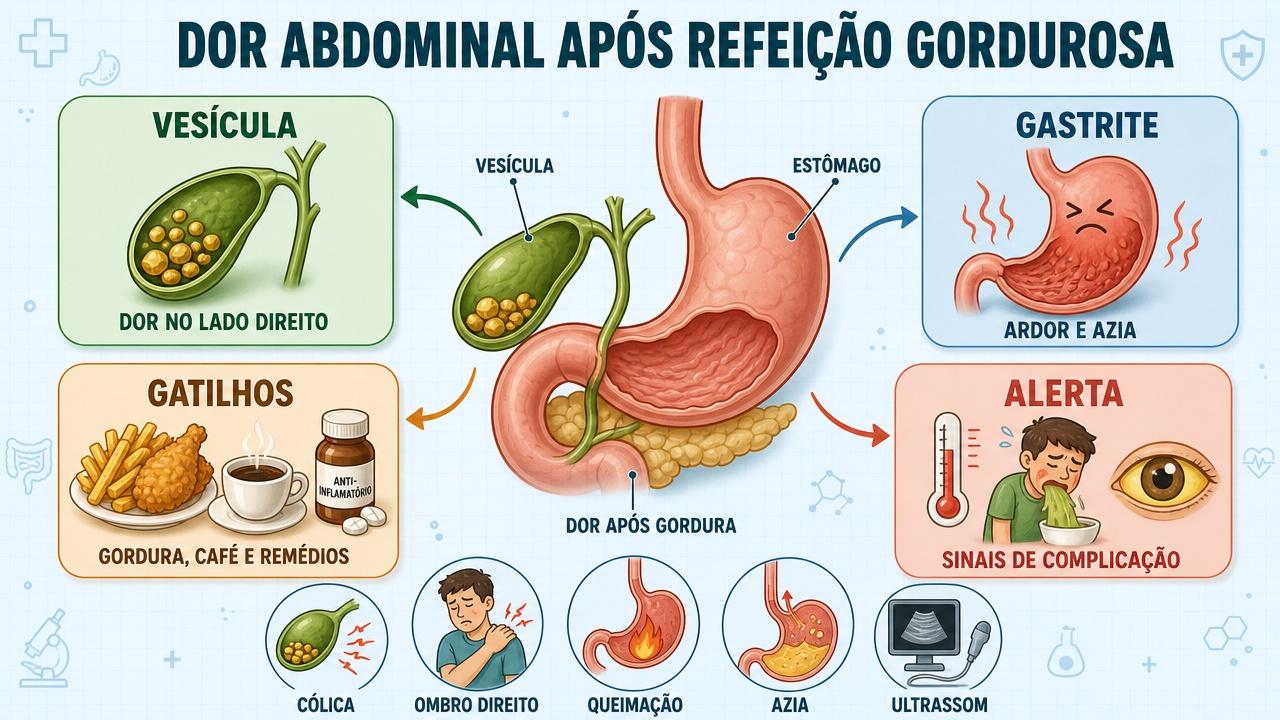 Infográfico resume diferenças entre vesícula, gastrite, gatilhos e sinais de alerta.