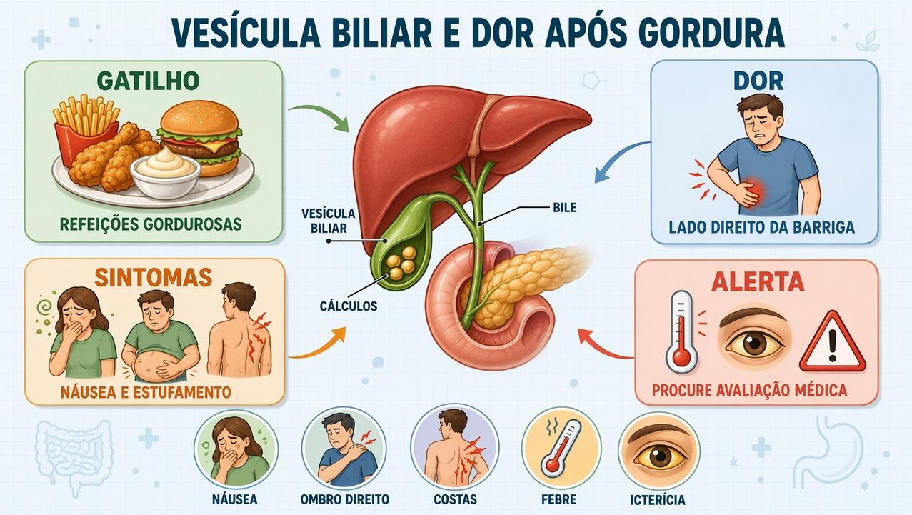 Infográfico resume gatilhos, sintomas, alertas e anatomia dos cálculos biliares.