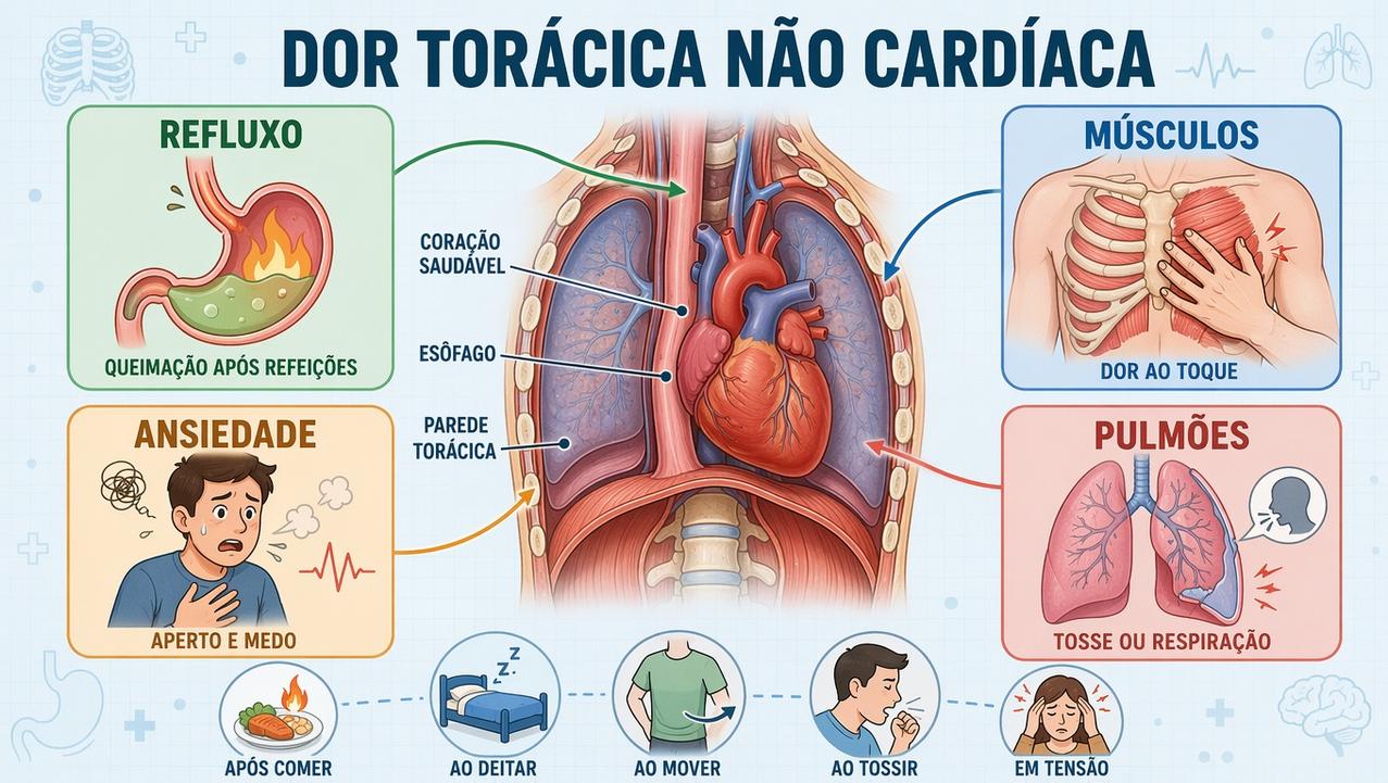 Infográfico mostra quatro causas comuns e gatilhos da dor torácica não cardíaca.