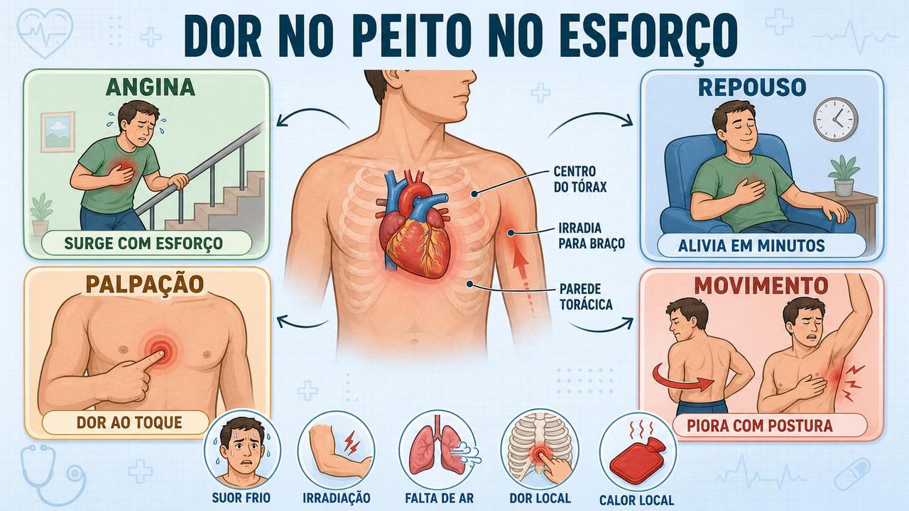 Infográfico mostra sinais que diferenciam angina de dor muscular torácica.