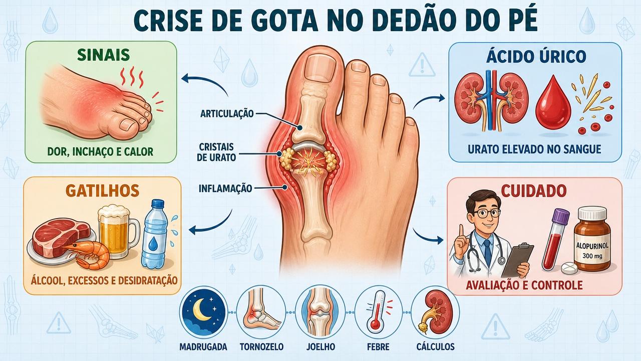 Infográfico resume sinais, ácido úrico, gatilhos e cuidados na crise de gota.