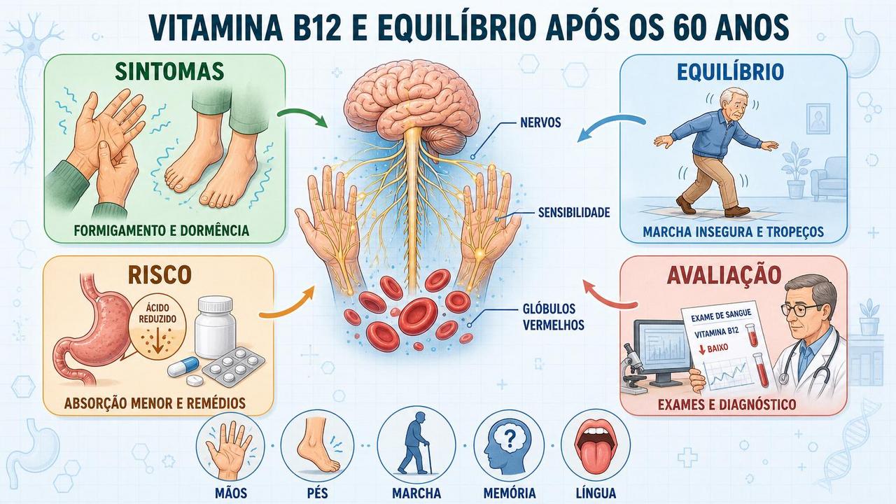 Sintomas, equilíbrio, fatores de risco e avaliação clínica na deficiência de B12.