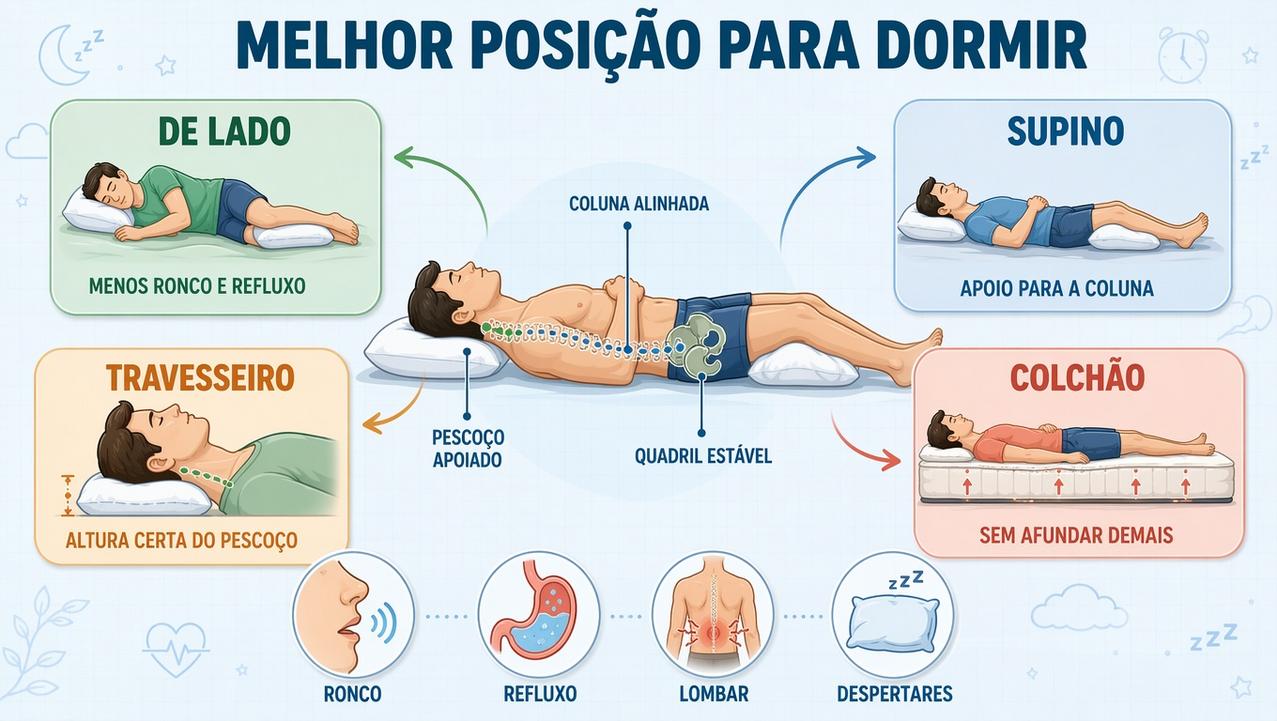 Infográfico mostra pilares para escolher a melhor posição de dormir.