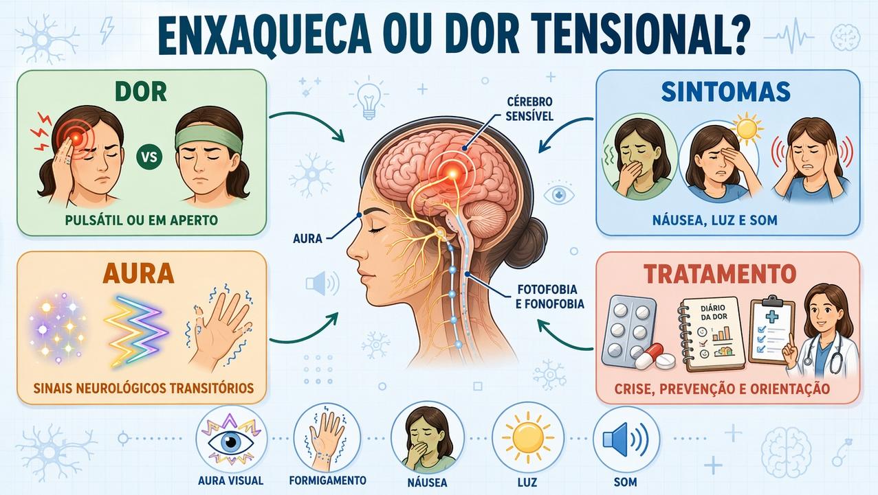 Infográfico resume dor, sintomas, aura e tratamento na diferenciação clínica.
