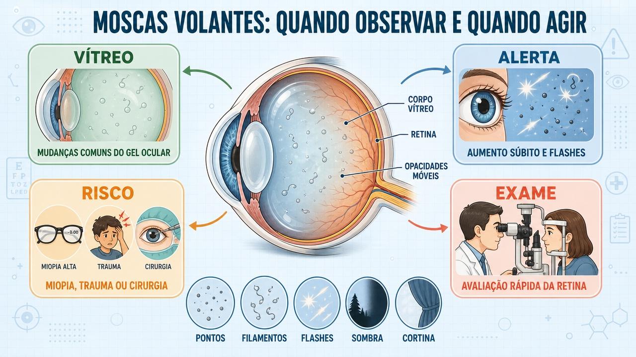 Infográfico mostra vítreo, sinais de alerta, fatores de risco e avaliação.