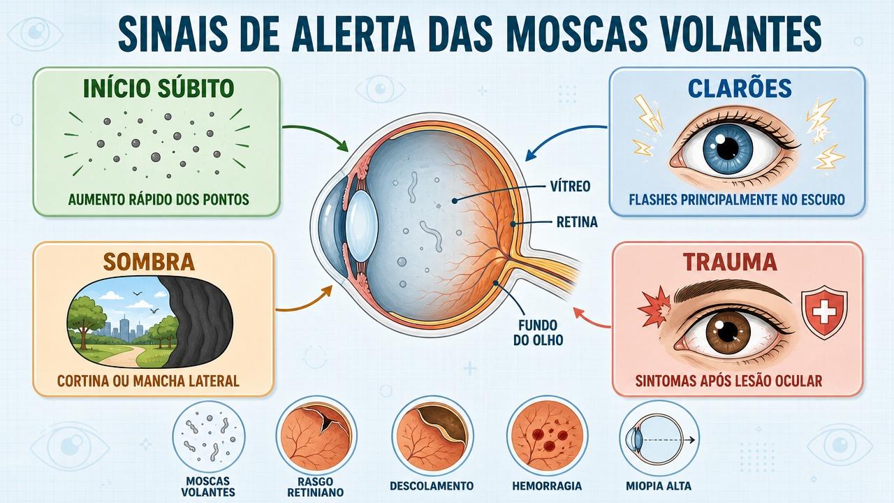 Infográfico resume sinais de alerta e estruturas oculares ligadas às moscas volantes.