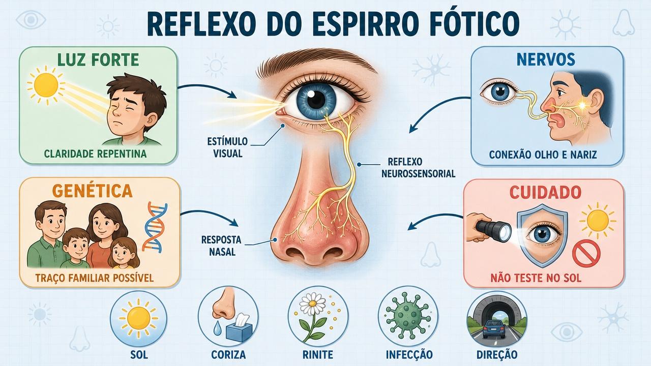 Luz, nervos, genética e cuidado ocular resumem o reflexo do espirro fótico.