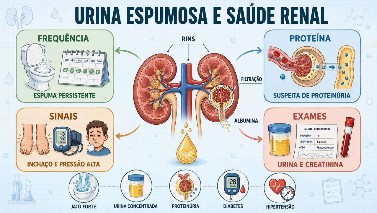 Frequência, proteinúria, sinais associados e exames orientam a investigação renal.